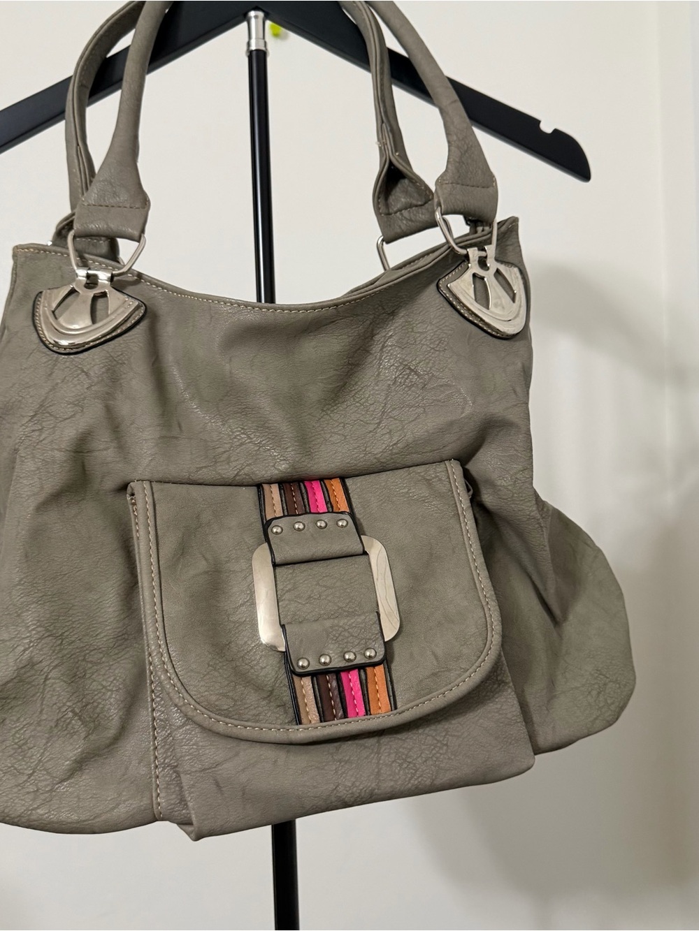 Women’s Gray Shoulder Bag with Multicolor Accent